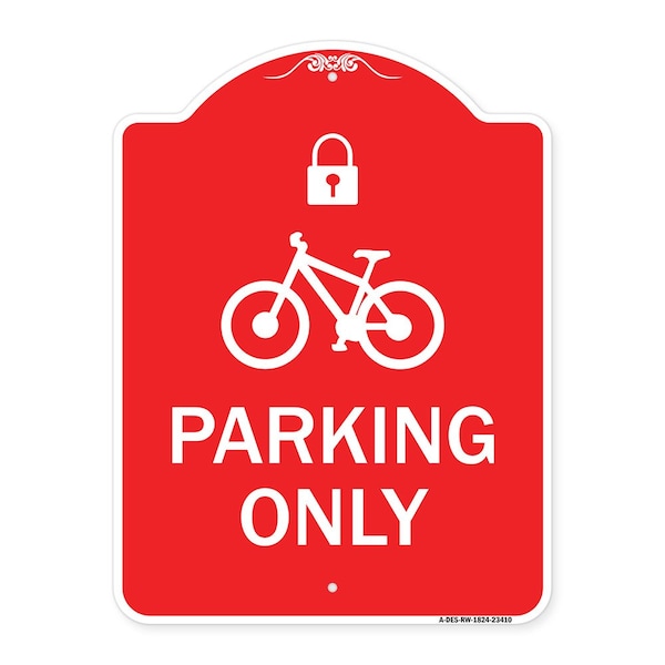 Parking With Cycle and Lock, Red & White Aluminum Architectural Sign, 18" x 24", RW-1824-23410